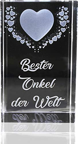 VIP-LASER | 3D Kristall | Motiv: Fliegende Herzen | Bester Onkel der Welt (incl. LED-Leuchtsockel (empfohlen))