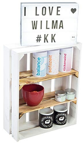 Flaches Gewürzregal geflammt / weiss / Natur Regalkiste Obstkiste Ablagekiste 50x40x16cm Obstkisen Weinkisten Holzkisten Shabby Chic Gewürzständer Gewürzablage (Wilma weiss mit geflammten Brettern)