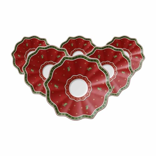Villeroy & Boch Toy's Delight Milchkaffee-Untertasse 6er Set, 19 cm, Premium Porzellan, Rot – Weihnachtliche Untertassen zur Cappuccinotasse