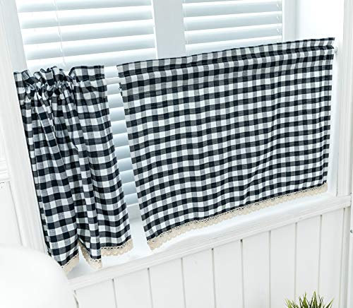 Dreamskull Kurzstores Gardinen Küche Kurz Fenster Vorhänge Vorhang Küchengardine Scheibengardine Gardinenschals Landhausstil Vintage Bistrogardine Kurzvorhang Modern Kariert 2er Set 74 x 61 cm*2