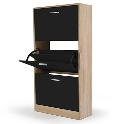 IDMarket - Zapatero de 18 pares KLARK imitación haya 3 puertas negras