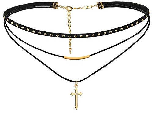 Flongo Damen Choker Halskette Leder Samt Halsband Velvet schwarz mit gold Kreuz Cross Anhänger Punk Gothic Kette Lederband Verstellbar für Mädchen Herren Frauen Halloween Kleid Kostüm