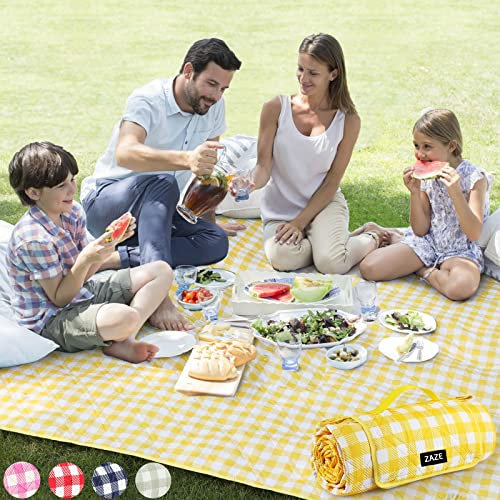ZAZE Lahawaha Extra große Picknickdecke, 200 x 200 cm, Karierte Picknickmatte für Strand, Camping, auf Gras, wasserdicht (gelb und weiß)
