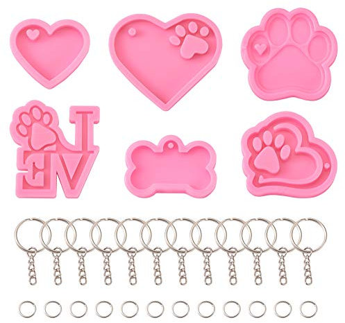 Cheriswelry Lot de 38 moules en silicone pour pendentifs en forme de cœur et de patte de chien avec fermoir porte-clés pour la fabrication de bijoux