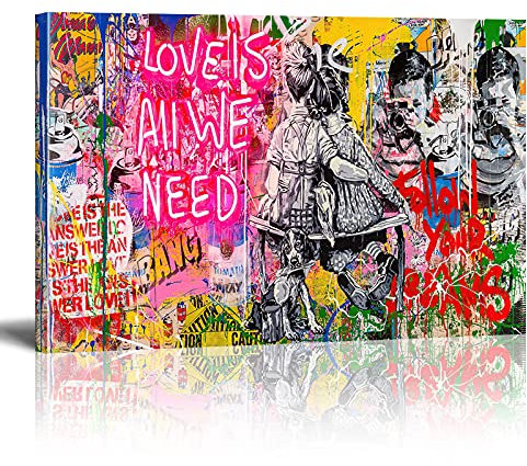 Banksy Kunst auf Leinwand Bild Love is All We Need Graffiti Street Art Wand Bild Pop Art Gemälde Kunstdruck Modern Wandbilder XXL Wanddekoration Mit Rahmen (105x70cm)