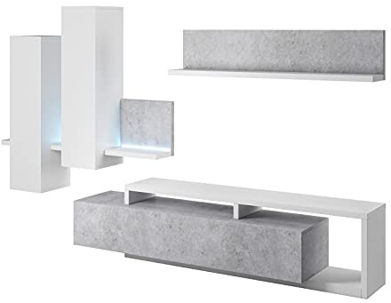 Furniture24 Wohnwand Bota 09 Schrankwand Hängeschrank Lowboard Hängeregal Stilvoll Wohnzimmer-Set Mediawand (Beton Colorado/Weiß)
