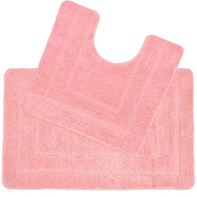 Allure Non Slip Bath Mat Set 2 Piece Bath and Toilet Mat Set - Easy Care Super Soft Microfibre Pile (Blush Pink)