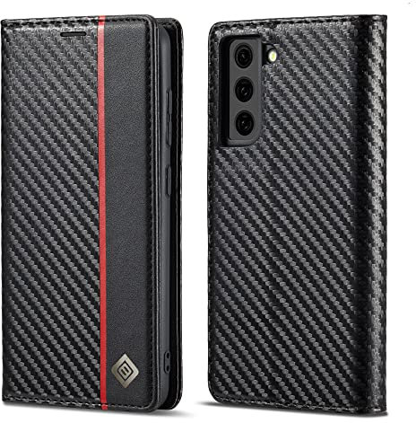 ZTOFERA Compatible with Samsung Galaxy S21 Wallet Case, Premium PU Leather Carbon Fiber Flip Case with Card Holder Magnetic Closure Kickstand Protective Phone Cover for S21 5G, Vertical Red Line