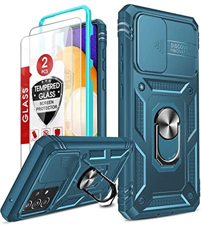 LeYi for Samsung Galaxy A52S/A52 5G Case with Slide Camera Cover and 2 Tempered Glass Screen Protector,Ring Holder Full Body Protective Heavy Duty Shockproof Tough Hard Armour Phone Case,Sea Blue