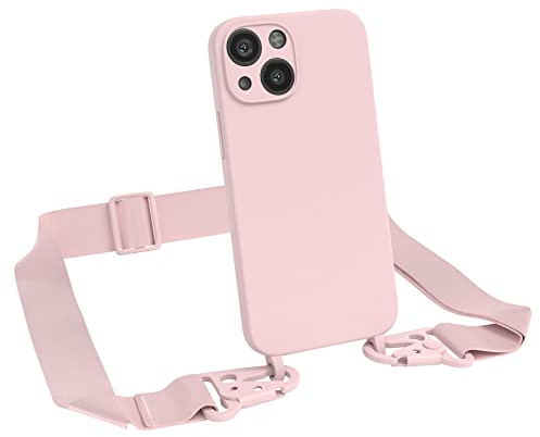 EAZY CASE Premium Silikon 2 in 1 Handykette kompatibel mit iPhone 13 Mini Handyhülle mit Umhängeband, Handykordel mit Silikonhülle, Hülle mit Band, Kette für Smartphone, Alt Rosa