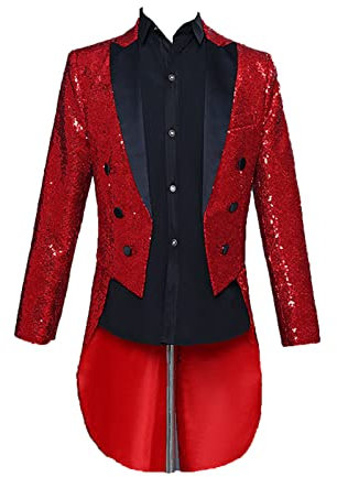 Glänzender Pailletten Frack für Herren Schmal Geschnittener Partyshow Blazer mit Schwalbenschwanz StilVoller Abend Hochzeits Abschlussball-Smoking-Frack (Rot,3XL)