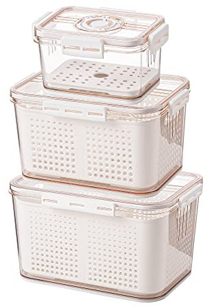 Refrigerator Organizer Bins,Fresh Vegetable Fruit Storage Containers Set of 3 Stackable Produce Saver Containers with Drain Tray and Foldable Partitions for Veggie, Fruit, Lettuce and Salad