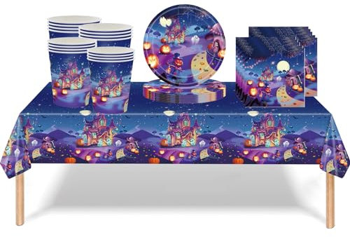 53Pcs Halloween Tableware Decorations - Castle Party Set, 7inch Plates, Napkins, Cups for Kids' Halloween Favor