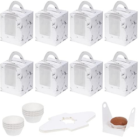 Coolty 50 Stück Cupcake Boxen 1 Löcher Karton Verpackung Boxen Bäckerei Gebäck Boxen mit Fenster und Einsätze für Cookies Muffins Cupcakes Desserts Torten (Weiß)