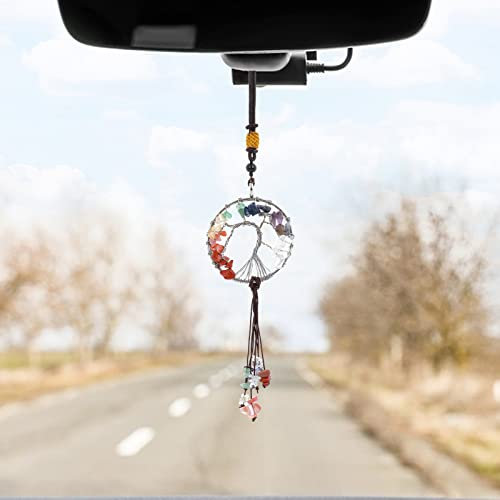 Cobee Baum des Lebens, hängende Verzierung für Auto Rückspiegel, 7 Chakra Steine, Heilkristall Stein Anhänger, Auto Innenausstattung, Reiki, viel Glück, Meditation(Regenbogenfarbe)