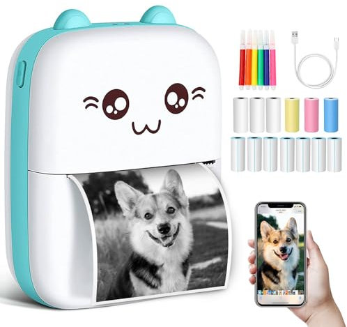 Mucek Mini Drucker für Smartphone, Mini Printer Sticker, Bild Memo Quittungspapierdrucker Fotodrucker mit 13 Rollen Druckerpapie für Smartphone Kompatibel mit Android,iOS System, für Journal,Reise