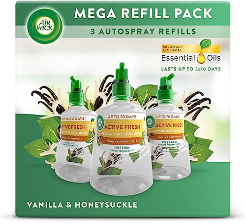 Air Wick Aerosol-Free Automatic Air Freshener Spray Refill Bundle, Vanilla & Honey Suckle, Pack 3 x 228ml , 24x7 Active Fresh Odour Neutraliser, Lasts Up to 210 Days, Air freshener For Home