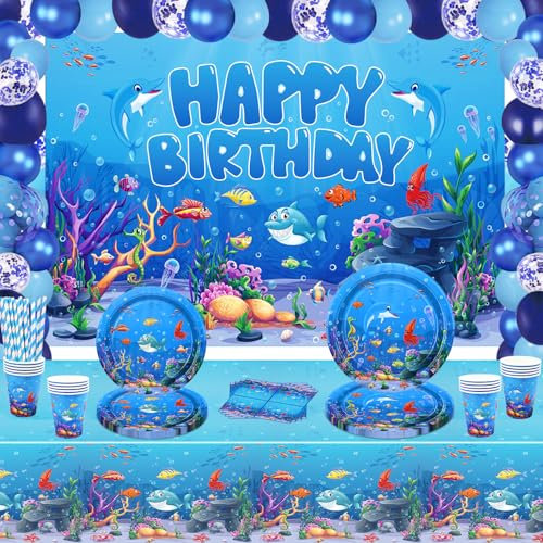 146 Pack Under the Sea Party Supplies Ocean Sea Party Tableware Set - Plates, Cups, Napkins, Tablecloth, Backdrop, Balloons for Underwater World Summer Beach Birthday Party Decorations Serves 20
