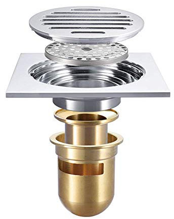 Duschablauf, quadratisch, Bodenablauf aus Messing, 120 mm × 120 mm, Duschbodenablauf mit abnehmbarem Abdeckgitter, Badezimmer-Duschabfluss, Chrom