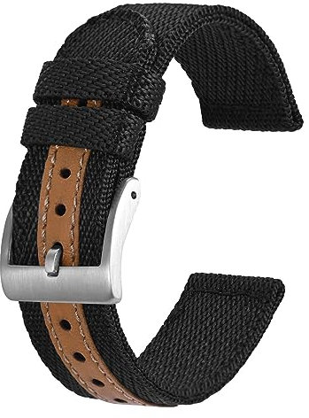 BISONSTRAP Sportliche Nylon Uhrenarmband, Militär Uhrenarmbänder für Herren, 18mm, Schwarz mit Silberne Schnalle