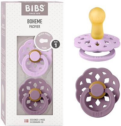 BIBS Boheme Ciuccio confezione da 2 pezzi. Privo di BPA., Tettarella tonda. Lattice di gomma naturale, Prodotto in Danimarca, Taglia 1 (0-6 mesi), Violet Sky/Mauve