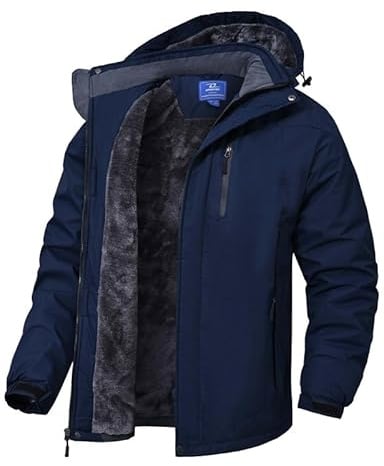 Zzkouine Herren Ski Jacke, atmungsaktiv, warm gefütterte Winterjacke mit abnehmbarer Kapuze, Ski Regenmantel mit Kapuze-Navy Blue-L