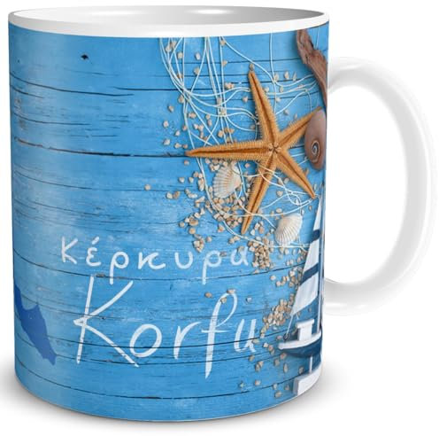 TRIOSK Tasse Korfu Griechenland Insel Souvenir Geschenk Mediterran für Reiselustige Weltenbummler Frauen Männer Büro Kollegen, Keramik 300ml