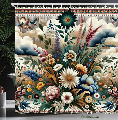 ABAKUHAUS Blumiger Eukalyptus Duschvorhang, Farbenfrohe blühende Blumen Ikat inspirierte südwestliche Grenzen, Stoffliches Gewebe mit Haken, 175 x 200 cm, Dunkles Beige Mehrfarbig