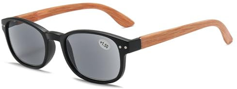 Lanomi Sonnen Lesebrille mit Holzbein Damen Herren Rechteckig Outdoor Lesehilfe Grau Linse Kunststoff Federscharnier Sehhilfe Getönt Sonnenbrille mit Sehstärke Schwarz 2.0