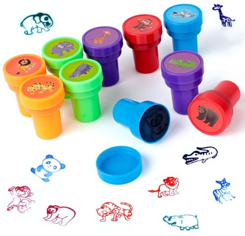 Romon Timbri bambini, 10 Pezzi Animale, Autostampanti Multicolore Giocattoli Adatto, Gadget Feste Compleanno Bambini Regalini Fine Timbri per Regali di Feste, Ricompense Scolastiche, Compleanno