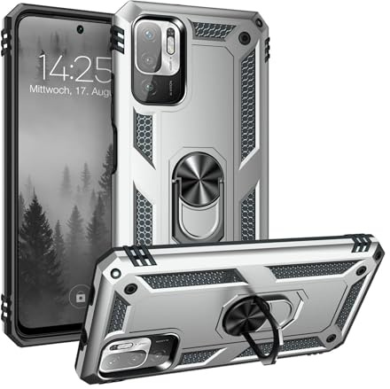 LBH Outdoor Hülle für Xiaomi Redmi Note 10 Pro Armor Militär Stoßfest Handyhülle 360 Grad Metal Ring Halter Ständer Schutzhülle für Handyhalterung Auto Magnet Silber
