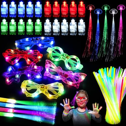 85 Piezas Navidad Juguetes de lluminación LED, 50 Pulseras Fluorescentes, 6 Gafas Luminosas LED, 20 Luces de Dedo, para Fiestas, Concierto, Halloween, Cumpleaños, Raves, Regalo para Niños Adultos