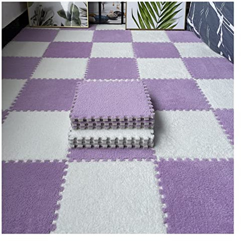 Generisch 10 Stück Ineinander Greifende Plüsch-Teppichfliesen, Quadratische Schaumstoff-Bodenfliesen, 12 X 12 Zoll, Weicher Puzzle-Teppich Für Den Zimmerboden(Color:Lila+Weiß)