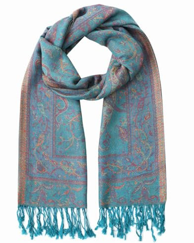 Umjetnost Damen, weicher seidiger Pashmina-Schal, Paisleymuster, Pashmina-Schal mit Fransen, Blaugrünes Paisley, Einheitsgröße
