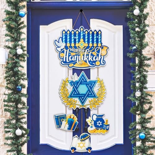 Yousoontic Türschild Happy Chanukkah für Haustür, Chanukkah-Türschilder, Holz, Chanukah-Kranzschilder, Chanukah-Dekorationen für Zuhause, Fenster, Wand, Bauernhaus, Innen- und Außenbereich,