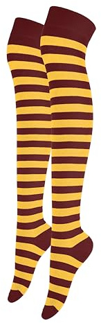 Alanna Jones Women Ladies Girls Stripe Cotton Rich Over the Knee High Socks Stripe Thigh Socks Leg Warmer for Casual Daily Wear UK Size 4-6.5 (Maroon Yellow)