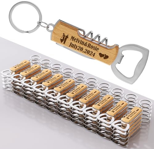 50pièces Décapsuleur en bois multifonctionnel personnalisé pour les fêtes de mariage, cadeaux de mariage pour les invités, porte-clés décapsuleur gravé.