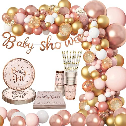 QGGTQG Rosegold Partygeschirr Set Reveal Party Supplies Geschirr Set Rosegold Babyparty Deko Party Supplies Einschließlich Ballon Tischdecke Teller Servietten Becher Strohhalme für 20 Gäste