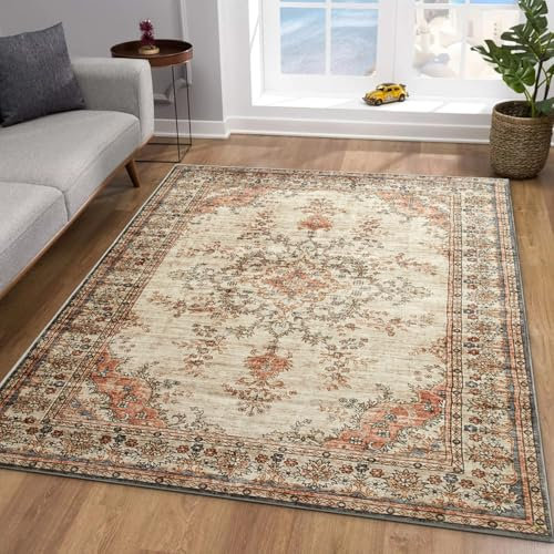 MOONLIGHT20015 Washable Rugs Living Room 80x150 cm - Fluffy Vintage Area Rugs for Bedroom - Non Slip Low Pile Soft Boho Rug Carpets for Lounge - Traditional Large Bedside Rug Easy To Clean, Timeless