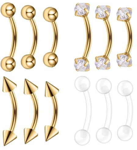 Besyvvin 12er Augenbrauenpiercing 6/8/10mm Curved Barbell 1,2mm Piercing Septum Lippe Helix Rook Augenbrauen Silber Gold Schwarz