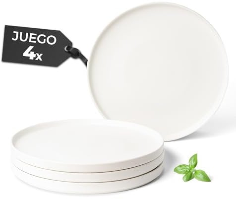 MIAMIO – Juego de platos llanos de cerámica para 4 personas/Vajilla de cerámica de 4 piezas, modernos de gres, aptos para lavavajillas y microondas – Colección Luxe (Blanco, Plato Grande (4x))