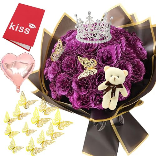 DIY Glitter Roses Bouquet Purple Artificial Rose Flowers Bouquet Shiny Fake Roses Bouquet Love Gifts for Women, Mom, Mother's Day, Valentine, Birthday, Graduation