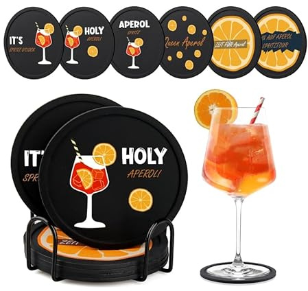 Aperol Untersetzer aus Silikon, 6 Stück Silikon Untersetzer für Gläser rutschfest mit Halter, Aperol Spritz Geschenk für Aperol Fans, Aperol Spritz Accessoires für Party, Bar, Garten (6)