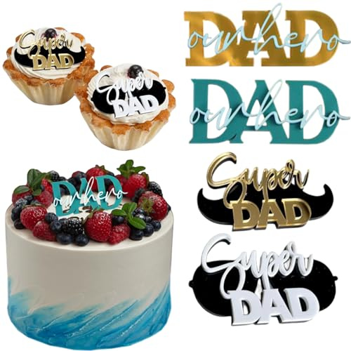 4 Pcs Super Dad Happy Birthday Cupcake Toppers for Men Happy Father's Day Birthday Cake Topper DAD Our Father Cupcake Toppers for Husband Birthday Decors Father's day Party Supplies Decorations