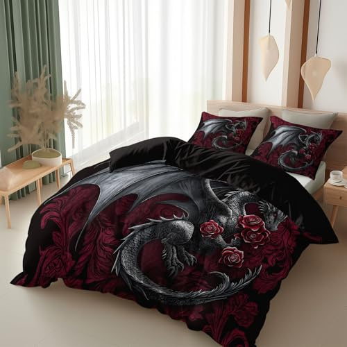 Srigzcaly 3D Bettwäsche 155x220 cm Drache & rote Rosen Motiv, Schwarz Rot Gothic Fantasy Bettbezug Set 3-teilig (2 Kissenbezüge 80x80), Mikrofaser Wendebettwäsche mit Reißverschluss