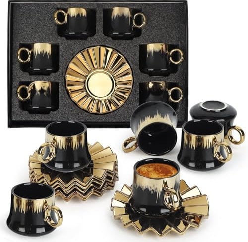 Loxiia 6-Piece Turkish Coffee Cup Set with Saucers - 3 Oz Vintage Porcelain Gold-Plated Espresso Cup, Dishwasher Safe Tea Cups for Women, Elegant Gift Ready Packaging (Luxury Home &Cafe Use)