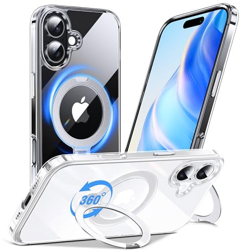Anqrp 360° ALL-in-ONE Crystal Clear Case for iPhone 16 with Rotatable Magnetic Stand, Compatible with Mag-Safe, Anti-Yellowing Transparent MIL-Grade Shockproof Phone Case Cover for iPhone 16
