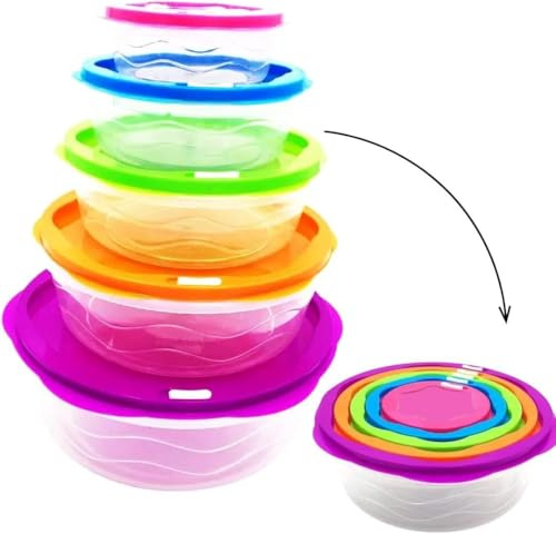 Mr.Gadget's Solutions 5-Piece BPA-Free Plastic Food Storage Bowls with Colorful Leakproof Lids – Stackable Nesting Containers in Multiple Sizes, Microwave & Dishwasher Safe, Reusable