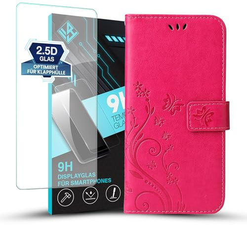 LBH Handy Hülle für Motorola Moto G14 Case mit 9H Displayglas Handytasche Schmetterling Blumen Flower Standfunktion Schutzhülle Magnet Rundum Schutz 360 Grad Flipcase Pink