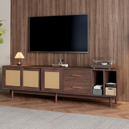 Merax TV Ständer, Lowboard TV Board mit Rattan-Schiebetür, Schublade, Offene Staufächer, TV-Schrank für 75-Zoll-Fernseher, Landhausstil Sideboard, Fernsehschrank für Wohnzimmer Esszimmer, 190cm, Braun